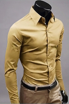 GE 10 colors Hot Men's Slim Fit Unique Neckline Party Dress Shirts Long Sleeve Shirt (Khaki)