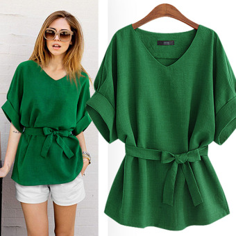 Women Lady V-neck blouse bat sleeve cotton & linen Top Shirt Green - intl