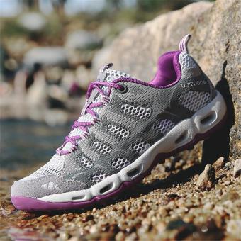 Couple Outdoor Sports Shoes Easy To Drain Hiking Sneakers for Women ( LightGrey & Purple ) - intl