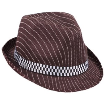 EOZY Fashion Men Women Panama Hats Fedora Soft Caps Vogue Unisex Summer Beach Stripe Pattern Stingy Brim Hats (Brown) (Intl)