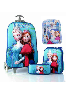 BGC Disney Frozen Elsa Anna Blue Snow 3 Koper Set Troley T Samurai + Lunch Box + Kotak Pensil + Alat Tulis 3D Hard Cover Tas Anak Sekolah