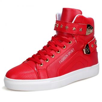 KAILIJIE Men High Top Sneakers PU Leather Shoes (Red)