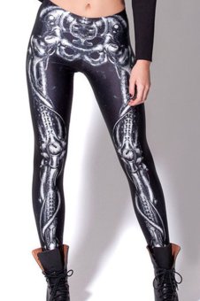 Jiayiqi Skeleton Pattern Digital Print Spandex Leggings (Black)
