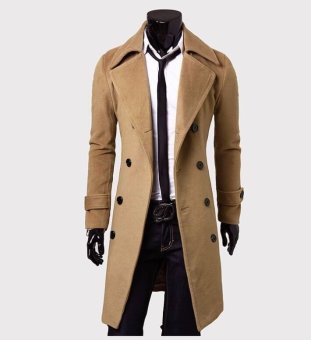 Men's Slim Stylish Trench Coat Winter Long Jacket Double Breasted Overcoat Cool Khaki - Intl