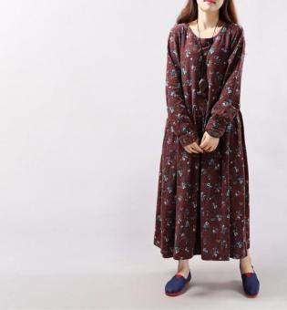 Korean Womens Casual Loose Long Sleeve Floral Cotton Linen Shirt Tunic Mid Dress Red - Intl