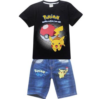 'Kisnow 3-12 Years Old Boys'' 95-145cm Body Height 2 Pieces Cotton Cartoon Jeans Pant +T-shirt (Color:Black) - intl'