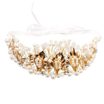 Crystal Rhinestones Faux Pearl Golden Leaves Flower Crown Tiara Headband for Wedding Bridal Bridesmaid Prom Silver - intl