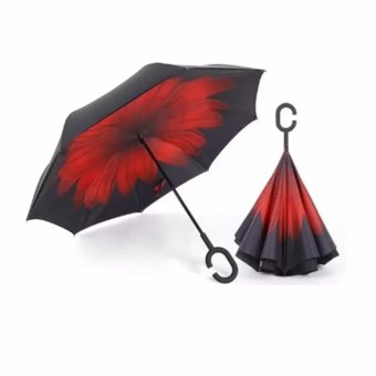 Babamu Payung Terbalik 2 lapis Gagang C Reverse Umbrella Tombol Merah - Bunga Merah