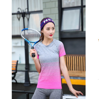 4ever Women Cotton Stripe Gradient Short Sleeve Yoga Quick-dry Sports Shirt (Pink)