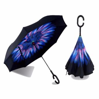 Payung Terbalik Kazbrella Gagang C - Blue Flower Tombol Merah / Reverse Umbrella / Smart Reverse Umbrella / Payung Unik Double Layer UV Protection Anti Basah