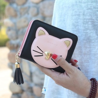 Fashion rumbai kucing kecil dompet wanita zip dompet koin wanita merek tas wanita pendek gadis pemegang kartu - International