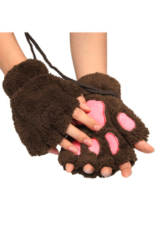 SuperCart Arshiner Women Girls Comfy Soft Plush Cat Bear Paw Claw Design Winter Fingerless Gloves (Coffee) 