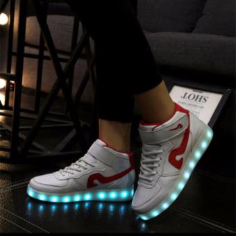 Men Unisex LED Light Lace Up Luminous Shoes Sneaker Casual Shoes White Red - intl