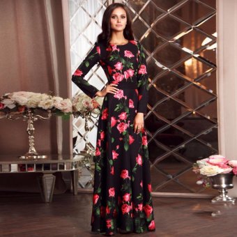 Cocoepps 2017 women Maxi plus size Elegant dresses Summer New Style O-neck Printed Flower Black Party Dress - intl