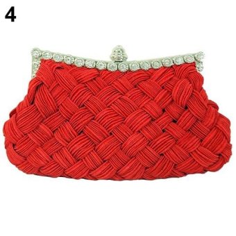 Broadfashion Women's Pleated Braided Rhinestone Party Satin Clutch Purse Handbag Shoulder Bag (Red) - intl
