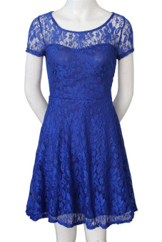 Hotyv Women Short Sleeve Fit and Flare Pleated Lace Dress HDS007 Blue