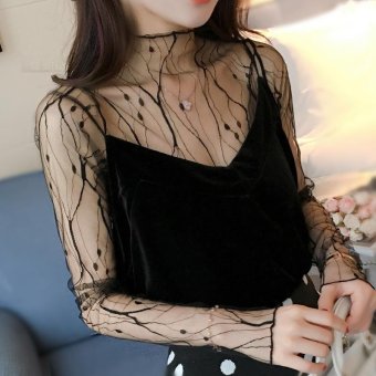 2017 New Female Perspective Gauze Shirt in a Small Black Sexy Korean Mesh Mesh Sleeve Head Long Sleeved Jacket - intl