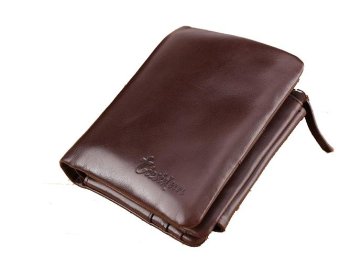 Stylish Men's Quality Leather Credit Cards Coin Pocket Zip Wallet Trifold Bifold Brown