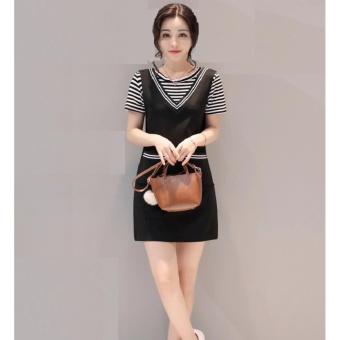 COCOEPPS V 2017 Summer 2 pieces Dresses Suits Korean Style Fashion Women Stripe T-shirts Vests One-Step-Dresses - intl