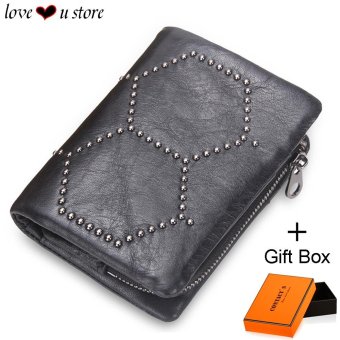 Loveu Top Quality Mini Trifold Leather Wallet Fashion Rivets Mens Wallet Best Valentine Lover Gift Birthday Gift Cow Leather Bifold Short Wallets ID Credit Card Holder Clutch Coin Zipper Purse Wallet-Black - intl