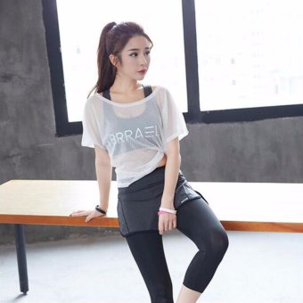 Breathable Mesh Mesh Cover Loose Blouse Shirt Striped Short Sleeved T-shirt T-shirt Fitness Yoga Clothes Dry Speed Nets White - intl
