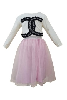 Import Setelan Kaos Chanel Rok Tutu Anak - Krem/Pink