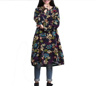 Women Ethnic Floral Boho Top Tunic Mini Dress Cotton Linen Long Sleeve Clothing Dark Blue High Quality - Intl
