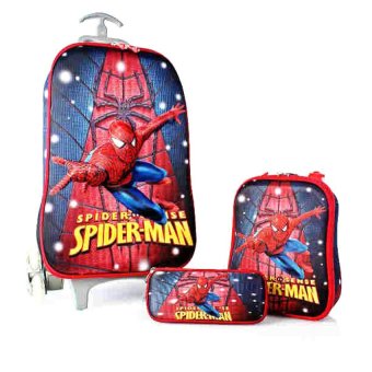 BGC Marvel Spiderman Star Koper Set Troley T Samurai + Lunch Box + Kotak Pensil 3D Timbul Import Hard Cover Tas Anak Sekolah - Merah-Biru