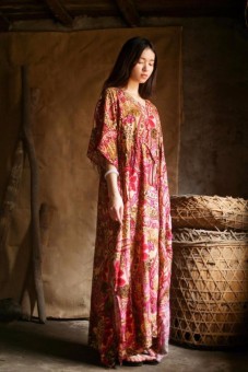 Wanita Etnik Katun Bermotif Bunga Matahari Musim Panas Gaun Linen Merah