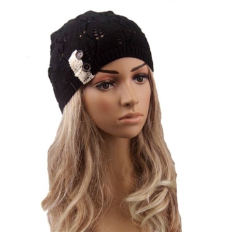 Women Modern Lace Button Leaves Hollow Out Knitting Hat Fashion Accessories Winter Hats (Black) - intl