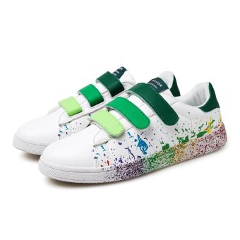 Men and Women's Couple Camouflage Ink Jet Mixed Color Velcro White Skateboard Shoes(Green) - intl