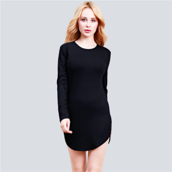 LALANG Women Bodycon Dress Long Sleeve Plain O-Neck Mini Dress (Black) - intl