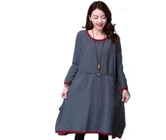 Womens Casual Cotton Linen Autumn Loose Long Sleeve Shirt Dress Grey Fashion - Intl