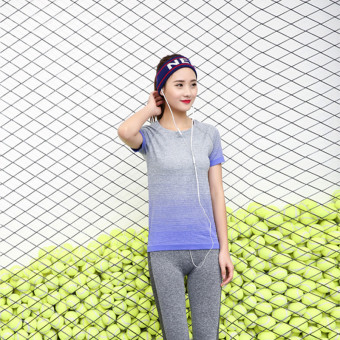 4ever Women Cotton Stripe Gradient Short Sleeve Yoga Quick-dry Sports Shirt (Blue) - Intl