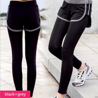 Fengsheng Women Sport Pants Fake two Piece Yoga Running Tights Quick-drying Breathable Fitness Clothing Black +Grey - intl