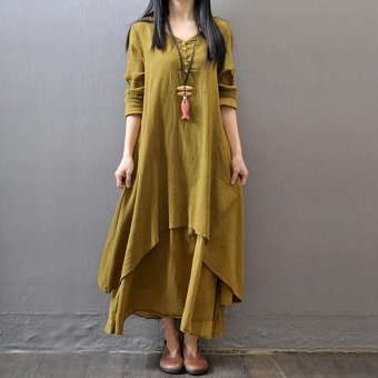 Yazilind Boho Hippie Women Long Sleeve Cotton Linen Casual Long Maxi Dress Amy Yellow (Color:c0) - intl