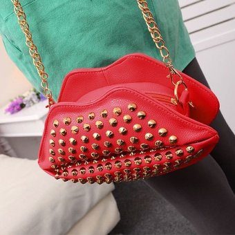 Fashion Rivet Women Chain Shoulder bag Womens Clutch Evening BagsRed Lips Purse Leather Handbags/messenger Bag Red - intl