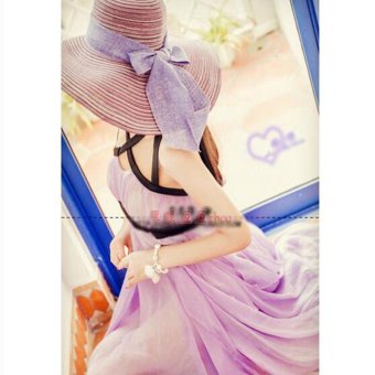 Women cotton and linen bowknot Ribbon Straw hat Large brimmed hat Foldaway cap Travel beach sunhat Purple - intl