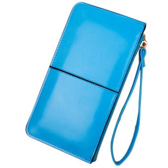 New Retro Long Card Holder Purse Leather Stitching Lady Women Wallet Light Blue - intl