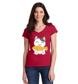 Sz Graphics Fish Cat Kaos V Neck Wanita T Shirt V Neck Wanita T Shirt Wanita Kaos Wanita T Shirt Fashion Wanita T Shirt Kaos Distro Wanita-Merah