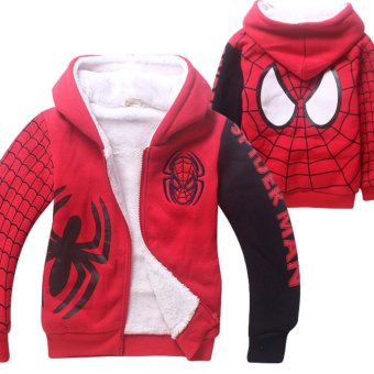 Korean Style Fashion 5-12 Years Old Boy or Girls Winter Travel Plus Velvet Double Warm Coats Spider-Man Cartoon Animation Cotton Coat-Red Spider - intl