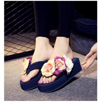 QQ Muffin beach shoes fashion slippers slip slope with female high-heeled sandals rose Blue - intl