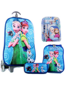 BGC Disney Frozen Fever Elsa Anna Blue Tatto Koper Set Troley T Samurai + Lunch Box + Kotak Pensil + Alat Tulis 3D Hard Cover Tas Anak Sekolah