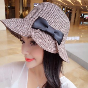 Summer women bow cap Straw hat Female Bucket hat Foldaway cap Large brimmed hat Travel outdoor sunhat Coffee - intl