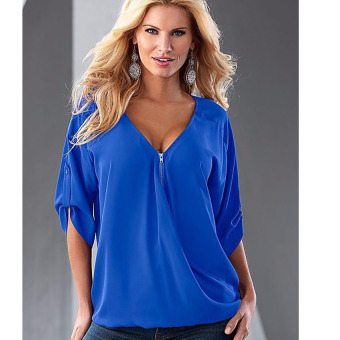 Summer Women's V-neck Casual Tops Chiffon Blouse Shirt Blue - intl