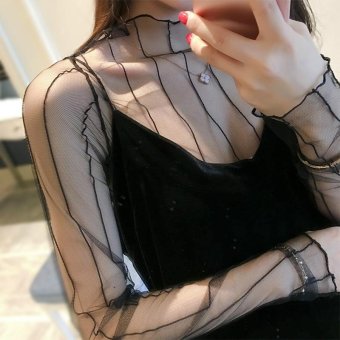 2017 New Female Perspective Gauze Shirt in a Small Black Sexy Korean Mesh Mesh Sleeve Head Long Sleeved Jacket - intl