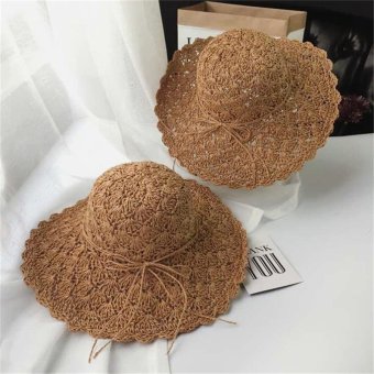 Women Crochet Hat Straw hollow out cap Summer Beach hat seaside bow Large brimmed hat visor caps Foldaway hat - intl