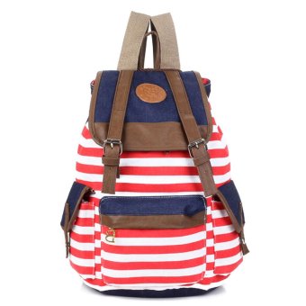 360DSC Fashion Casual Women Girls Stripe Canvas Backpack Rucksack School Bag Book Bag Shoulder Bag Satchels Travel Bag - Red- INTL