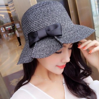 Summer women bow cap Straw hat Female Bucket hat Foldaway cap Large brimmed hat Travel outdoor sunhat Black - intl