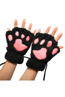 SuperCart Arshiner Women Girls Comfy Soft Plush Cat Bear Paw Claw Design Winter Fingerless Gloves (Black)